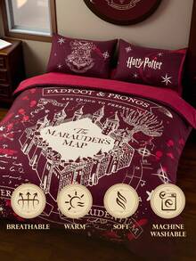 HARRY POTTER X SHEIN 3pcs Marauder's Map Print Bedding Set, Brushed Material, Soft & Warm, Red Duvet Cover, Suitable For Twin/Full/Queen/King Size Bed