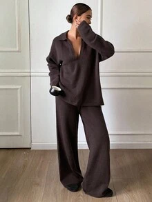 Livesso Women's Casual V-Neck Loose Top And Wide-Leg Pants Knit Two Pieces Set, Autumn - Brown - View 5