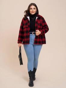 SHEIN LUNE 秋冬大码女式绗缝纽扣红格子棉服外套 - 彩色 - 查看 9
