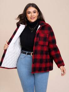 SHEIN LUNE 秋冬大码女式绗缝纽扣红格子棉服外套 - 彩色 - 查看 4