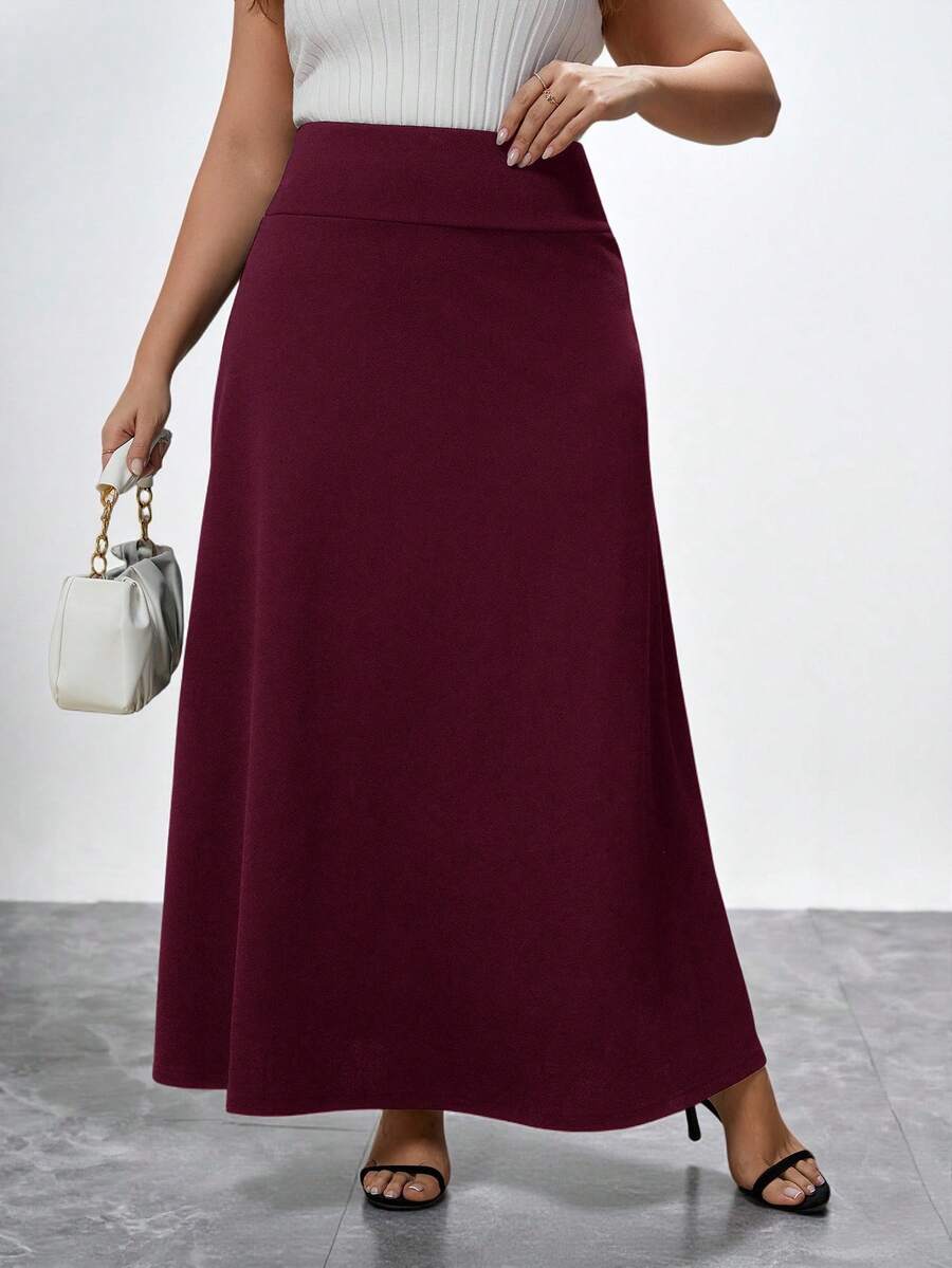 SHEIN Clasi Plus Solid High Waist A-Line Long Skirt - Maroon - View 1