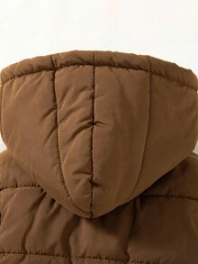 SHEIN Playful Pals 1 件女婴冬季新款 2025 缝线加厚棕色前口袋拉链连帽长款外套，百搭时尚