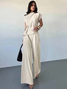 Firerie 女士优雅纯色纽扣设计腰部上衣和裤子套装 - 杏色 - 查看 4