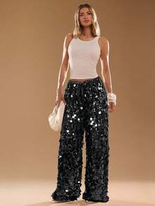 SHEIN BAE Quần ống rộng ống rộng thắt eo sequin thời trang cho nữ - màu đen - Xem 3