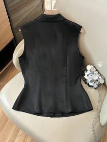 GlowEve Women's Autumn/Winter French Style V-Neck Sleeveless Satin Top, Elegant - Black - View 2