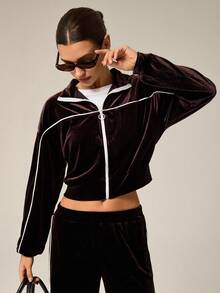 Hanevo Contrast Color Velvet Sporty Casual Tracksuit - Coffee Brown - View 6