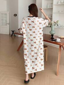 DAZY 小狗印花刺绣撞色边宽松女式睡袍睡衣 - 杏色 - 查看 2
