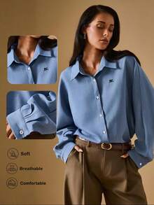 Briarwyn Áo sơ mi nữ màu xanh trơn đơn giản, dễ mặc khi đi làm, phong cách cổ điển, áo sơ mi công sở cài nút - Màu xanh lam - Xem 6