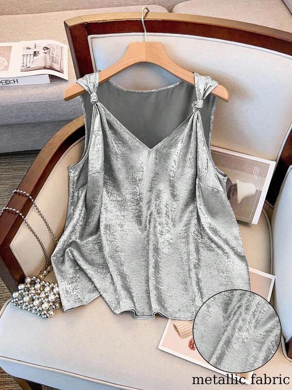 Regalyn Camisa de verano sin mangas con nudo retorcido y color metálico para tallas grandes