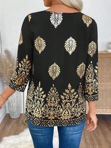 EMERY ROSE 女士节日箔花印花圆领七分袖时尚衬衫 - 黑色 - 查看 2
