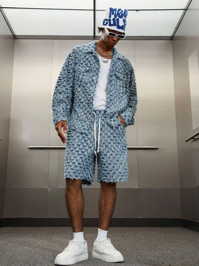 PAVTROS 男士格纹长袖夹克和抽绳腰短裤休闲牛仔套装，秋季