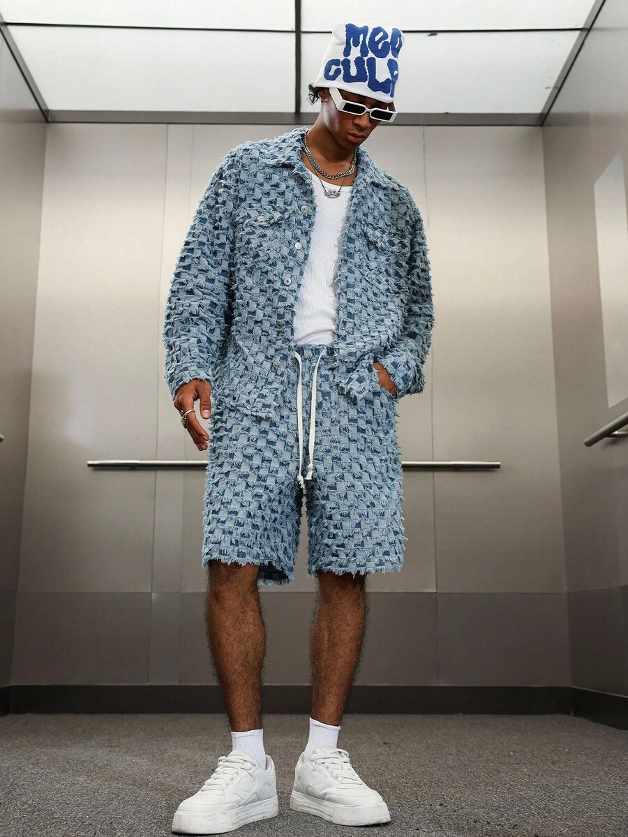 PAVTROS 男士格纹长袖夹克和抽绳腰短裤休闲牛仔套装，秋季 - 藍色 - 查看 1