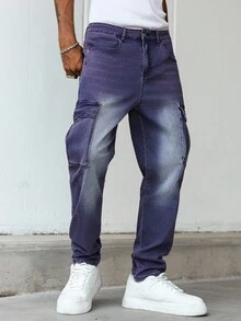 Manfinity Homme 男士直筒宽松休闲工装牛仔裤 - 紫色 - 查看 5