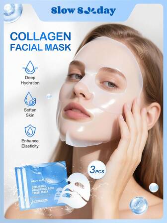 3 pezzi Maschera facciale con collagene e acido ialuronico SlowSunday, maschera al collagene coreana, maschera facciale in gel al collagene, idratazione profonda, migliora l'elasticità, pelle liscia, per il ritorno a scuola, per l'autunno, K-beauty, per le vacanze di Natale, festa di Natale, regalo di Natale
