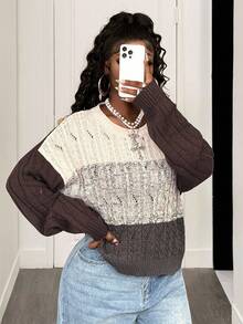 BamGleam Damen Oversized Rundhalsausschnitt Patchwork Strickpullover, Coffee Farbblock Lässig Retro Streetstyle Pullover