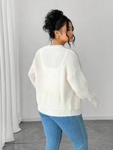 Elenzga Áo len cardigan tay dài họa tiết hai túi thoải mái, dáng rộng, lấy cảm hứng từ Blogger cỡ lớn - Màu be - Xem 2