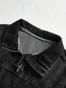 Tween Girl Washed Black Hooded Pocket Drawstring Cuff Casual Comfortable Vacation Fashion Street Soft Daily Wear Denim Sweatshirt Jacket, Thin, Spring/Autumn Fall Winter - Black - View 4