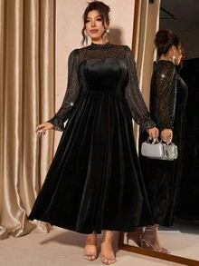 Cravure Plus Size Women Mesh & Velvet Elegant Puff Sleeve Dress, Waist Cinched, Suitable For Party