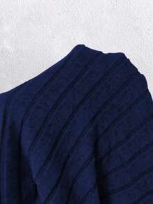 Plus Size Women's Solid Color Hooded Drawstring Drop Shoulder Long Sleeve Casual Ribbed Loose Sweatshirt - Navy Blue - View 8