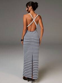 Athîral Vestido de verano de mujer con rayas, cruce en la espalda y abertura lateral - Azul - Ver 3
