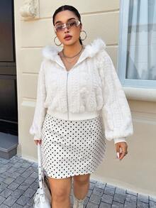 SHEIN EZwear Jachetă de toamnă și iarnă pentru femei, plus mărime, cu glugă, tricotată, caldă, cu fermoar, casual - alb - Vizualizare 7