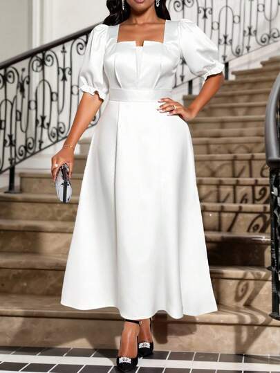 SHEIN Lady Vestido elegante de manga larga y línea A de talla grande para primavera y verano, manga obispo, blanco, para boda, San Valentín, fiesta de cóctel, talla grande, disfraz, vestido de graduación, vestido de fiesta, vestido de vacaciones, vestido blanco, vestido de diosa griega, vestido blanco de graduación