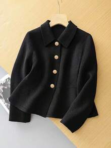 Franclia New Solid Color Lapel Short Waist Cinched Women Coat - Black - View 1