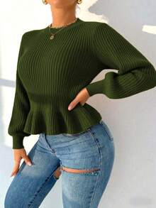 Zolique 女毛衣女上衣针织长袖灯笼袖白色条纹宽松友人聚会四季秋冬女装 - 軍綠色 - 查看 4