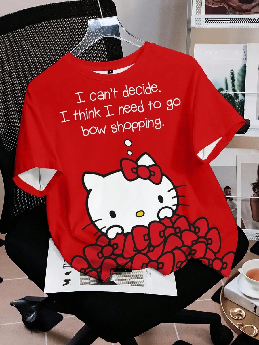 HELLO KITTY AND FRIENDS | SHEIN 女式字母与卡通图案圆领短袖T恤 - 白色 - 查看 1