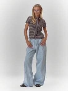 MUSERA Striped Neck Tie Detail Fitted Short Sleeve Top Fall Autumn Cosy Cute Casual Coffee Club Winter  ,Elegant  Holidays, Party - Multicolor - View 3