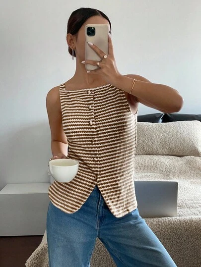 Siren Gaze Women's Front Button Sleeveless Striped Simple Casual Shirt, Daily Wear Brown Summer
