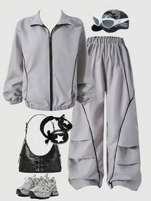 2pcs/Set Girls Casual Versatile Outfit,Black Drawstring Minimalist Line Design,Suitable For Gym,Sports,Walking,Outing,Autumn,Cow Boy,Fall Winter - Light Grey - View 3