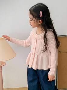 Dazy Kids Young Girl Casual Solid Color Ruffle Trim Cardigan - Pink - View 5
