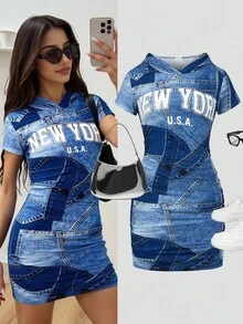 Sparklyn Teenagers Street Style Sports Party Denim Look City Letter Print Hooded Short Sleeve Snug Fit Mini Dress Fall Winter - Blue - View 1