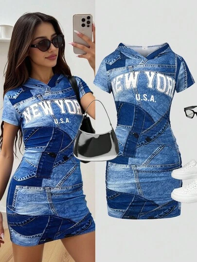 Sparklyn Teenagers Street Style Sports Party Denim Look City Letter Print Hooded Short Sleeve Snug Fit Mini Dress Fall Winter