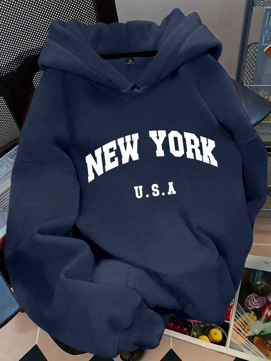 Flirla 大码女式字母“NEW YORK U.S.A”城市名称印花保暖抽绳卫衣 - 藏蓝色 - 查看 1