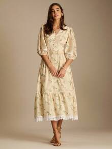 Enchnt Romantic Light Yellow Floral Print V-Neck Lantern Sleeve Ruffled Hem Dress Is Perfect For Autumn And Winter. Sweet And Elegant, It's Suitable For Vacations, Dates, Holidays, Parties, Graduations, Wedding Guests, The Beach, Dances, Sundresses, Carnivals, And Other Autumn/Winter Occasions. - Yellow - View 6