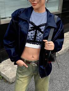 INAWLY Women's Casual Drop Shoulder Loose Jacket, Fall/Winter - Navy Blue - View 3