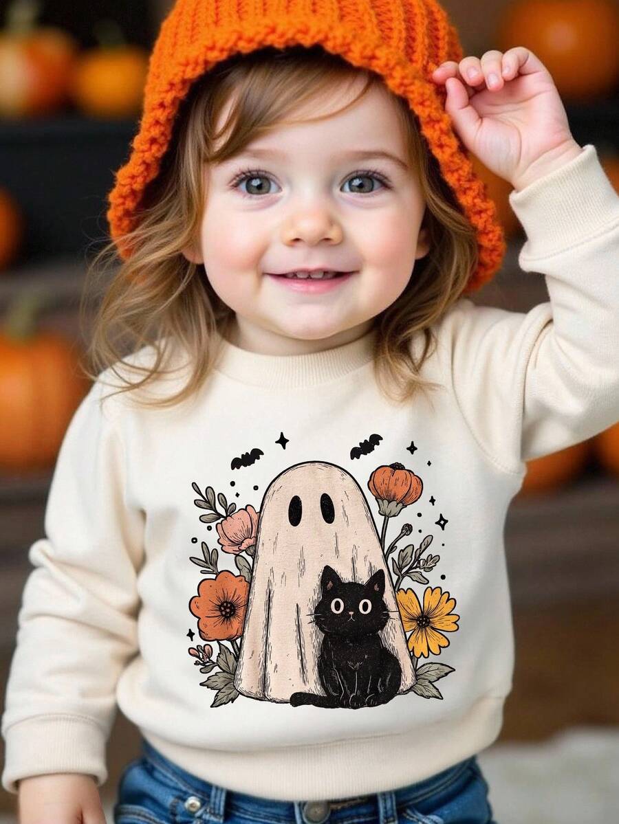 Baby Mädchen Lässig Katzen- und Blume Muster Fleece gefütterte Rundhalsausschnitt Langarm Sweatshirt, geeignet für Ausflüge im Herbst/Winter