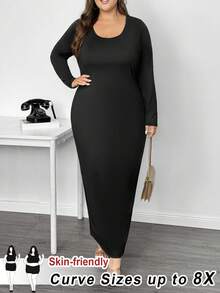 SHEIN CURVE+ 大尺碼純色圓領貼身長洋裝 2026 秋冬聖誕款 22W - 黑色 - 查看 8