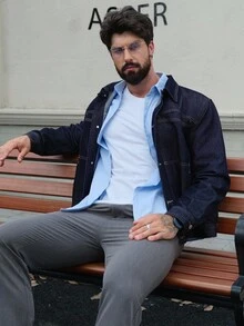 DAZY 男士纯蓝色水洗蓝牛仔短夹克，秋季 - 藍色 - 查看 7