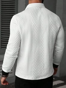 Manfinity CasualCool Herren Kontrast-Farbiges, strukturiertes Langarm Lässig Pendler Weiß Langarm Poloshirt, Old Money, Herbst - Schwarz und Weiss - Übersicht 2