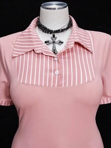 Sunspun Áo sơ mi tối giản thắt eo màu tương phản - Hồng - Xem 3