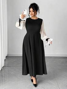 Elenzga Christmas Plus Size Color Block Lace-Up Midi Dress, Suitable For Daily Commute, Party And Other Occasions - Embrace Your Inner Shadow Dark Feminine Fashion