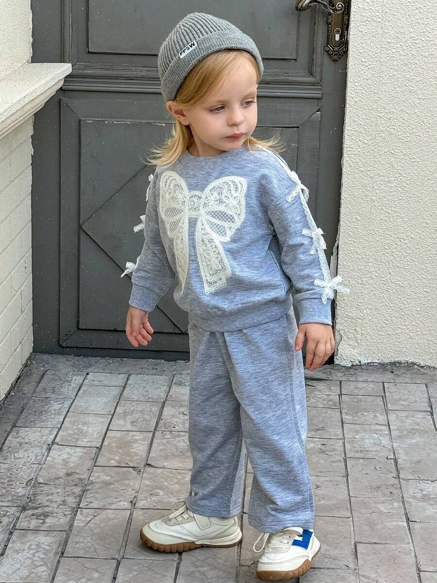 SHEIN 2 pièces Ensemble Sweat-shirt tricoté ample à motif papillon et pantalon de survêtement ample pour bébé fille, mignon et confortable pour l'automne/l'hiver