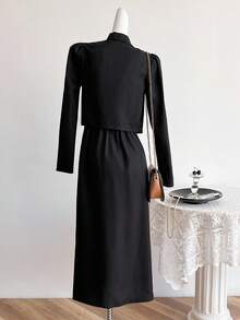 Sweetra Young 2pcs Black Blazer Jacket & Spaghetti Strap Dress Set, Elegant Fitted Fashion Outfit For Spring, Autumn, Winter Fall