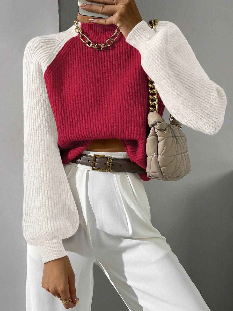 EMERY ROSE Suéter de mujer de moda casual con cuello alto, manga larga y bloque de color - Multicolor - Ver 1