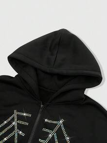 ROMWE MEN Street Life Men's Rhinestone Embellished Hooded Casual Zip-Up Spider Web Sweatshirt, Fall - Black - View 4
