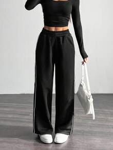SHEIN Tween Girls' Side Contrast Bow Loose Straight Leg Casual Pants, Versatile For Daily Wear Fall Winter - Black - View 2