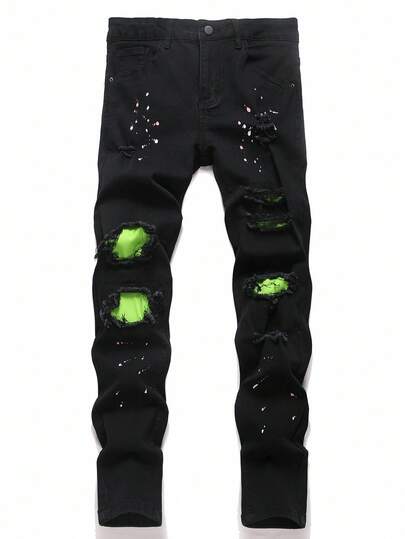 Manfinity Roughcore Herrjeans med slitna mönster och neongröna lappmönster för casual och street